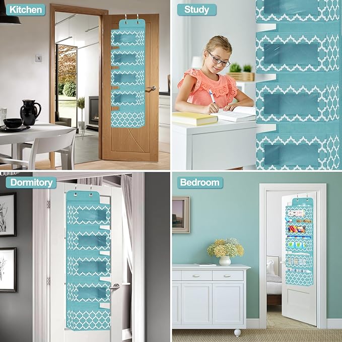 Over the Door Hanging Organizer - Nursery 5 Window Pocket Storage Organizer with 2 Thick Hooks for Baby Clothes, Diaper, Cruise, Pantry, Closet, Bathroom, Cabinet, Kitchen 12.2” 5” 49.6” (Blue)