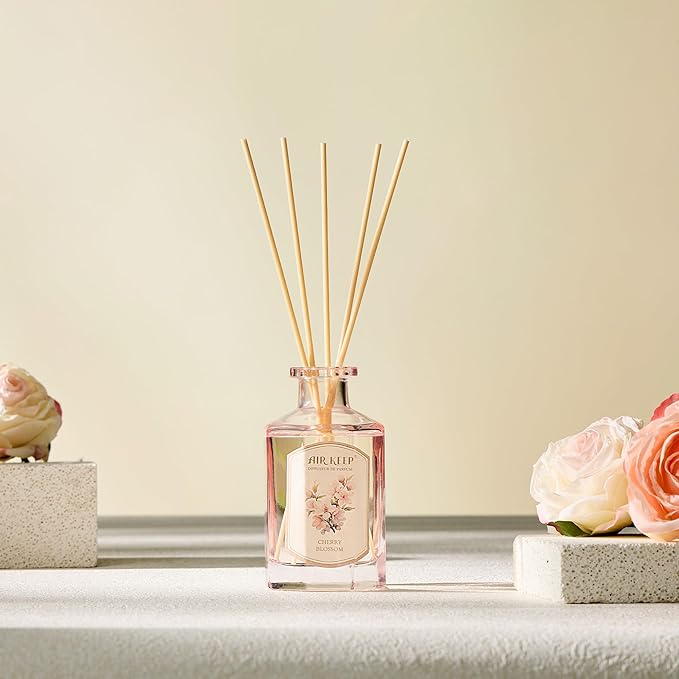 Airkeep Reed Diffuser Set-6.09 oz (180ml) Cherry Blossom Scented Diffuser with 8 Reed Sticks Home Fragrance Oil Diffuser for Bathroom Shelf Decor