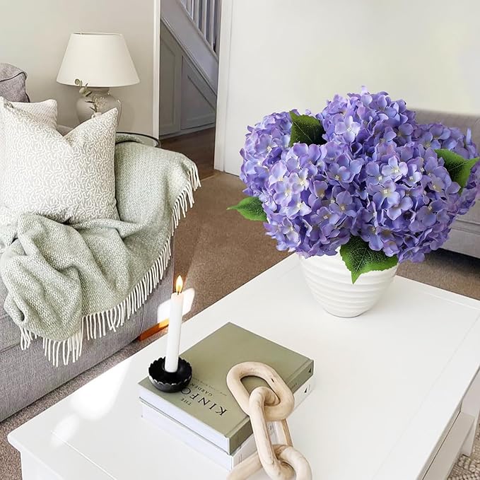 5Pcs Puple Artificial Silk Hydrangea Flowers, 20Inch Large Lifelike Faux Hydrangea with Stems Bouquet for Home Table Centerpieces Wedding Baby Shower Garden Party Decoration