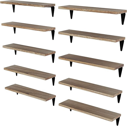 Wallniture Arras Wood Floating Shelves for Wall Storage, Small Bookshelf Set of 10, Hanging Book Shelves for Living Room, Bedroom, Office, Burned Finish