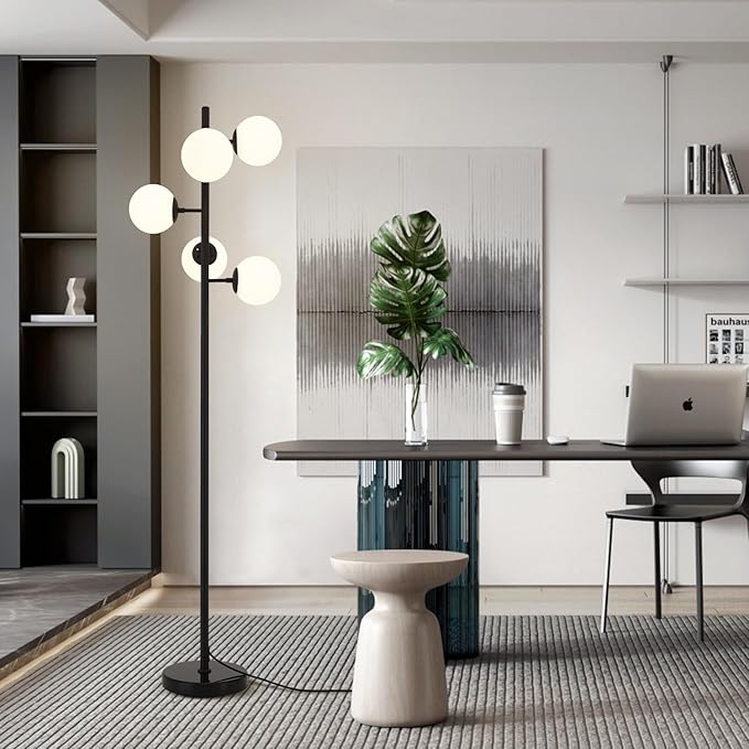 KCO Lighting Contemporary Standing Light 5-Light Frosted White Glass Globe Floor Lamp Modern Black Corner Tall Pole Lamp with Foot Switch for Home Office (Black)