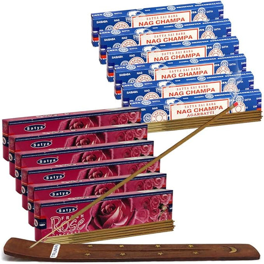 Nag Champa Incense Sticks and Fresh Rose Incense Sticks with Incense Holder Bundle for Home Fragrance and Spiritual Décor
