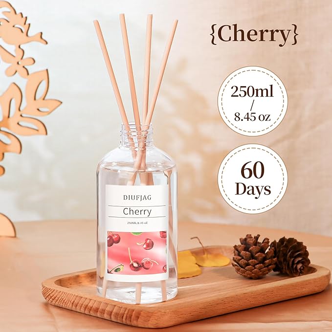 Cherry Reed Diffuser with 10 Fiber Sticks, 8.45 oz Reed Diffuser for Home Essentials Bathroom,Last up to 60 Day(250ml)