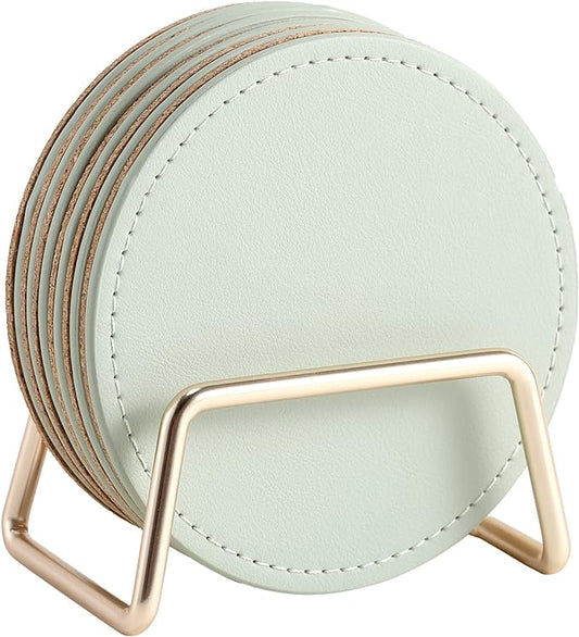 CASEGRACE Drink Coasters with Metal Holder Stand Set of 6, PU Leather Absorbent Coasters with Cork Base Table Coaster Set Decorative Coffee Cup Coasters Housewarming Gift for Home Decor