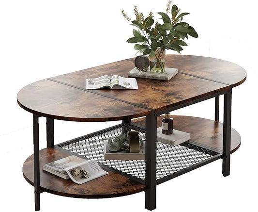 SENIG Oval Coffee Table with Rustic Wood Finish, 2-Tier Storage Shelf and Metal Frame, Living Room Center Table Modern, Vintage Brown