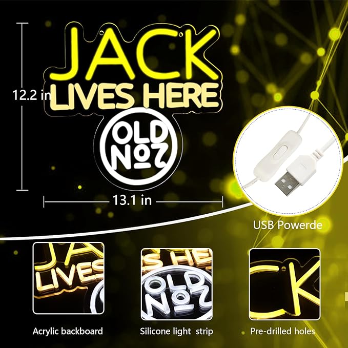 JACK Lives Here Neon Signs for Wall Decor，Neon Lights for Bedroom LED Signs Suitable for Man Cave，Doorplate，Christmas Gifts，5V Power Adapter(Wite+Yellow)