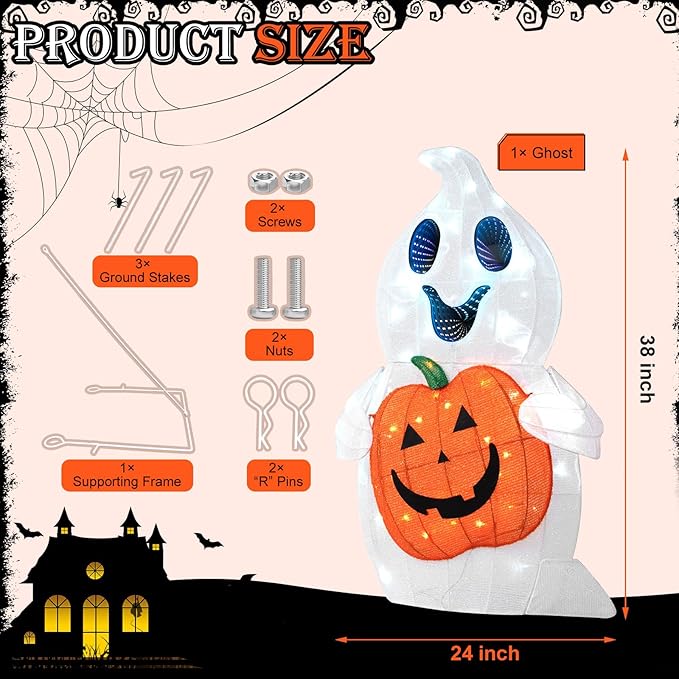 Halloween Ghost Decor, 128 LED Pre-Lit Ghost Halloween Decorations with Animated Eyes Cute Light Up Ghost Holding Pumpkin Glowing Ghosts Fall Decor for Outdoor, Indoor, Yard, Porch, Garden