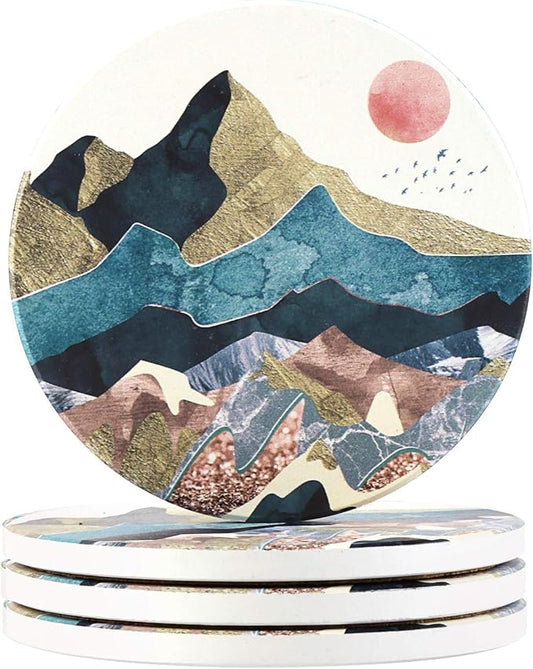 Lahome Mountain Range Coasters - Round Drinks Absorbent Stone Coaster Set with Ceramic Stone and Cork Base for Kinds of Mugs and Cups (Sunset, 4)