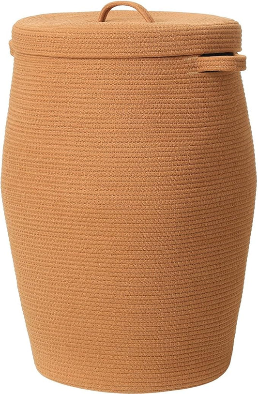 Tall Extra Large Storage Basket with Lid, Cotton Rope Storage Baskets, Laundry Hamper with Cover, Cloth Bin, for Clothes Blankets Storage in Living Room (All Orange Brown, 26"x20")