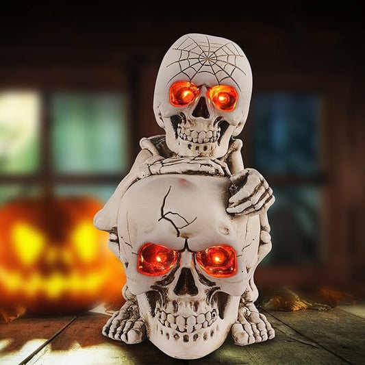 Halloween Skull Decor Resin Skeleton Head Stack Solar Garden Statue Unique Garden Decor for Outside Yard Porch Lawn, Ideal
