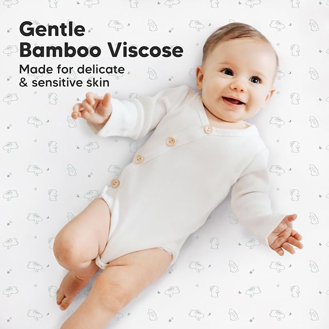 Pack and Play Sheets Fitted, 2-Pack Mini Crib Sheets - Pack N Play Sheets, Organic Fitted Crib Sheet for Pack and Play Mattress, Playard Baby Crib Sheets, Crib Sheets Neutral for Boys, Girls(Bunnies)