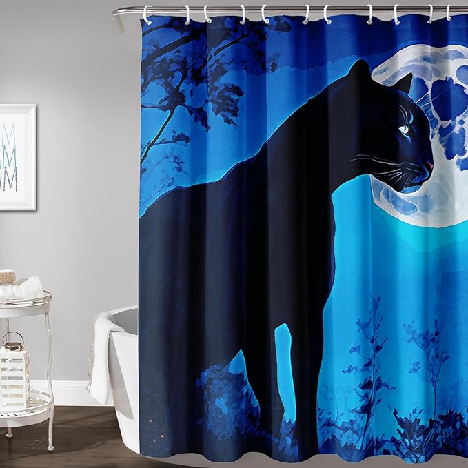 AILONEN Black Panther Shower Curtain,Evening Moon Leopard Bath Curtain for Women,Wildlife Cheetah Polyester Waterproof for Bathroom,72" W*96" H with 12 Plastic Hooks