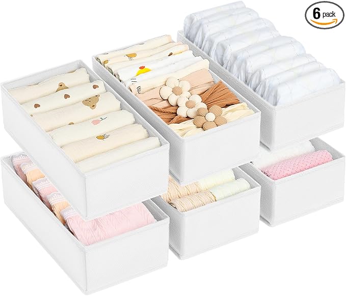 DIMJ Drawer Organizer Clothes - Underwear Organizer Small Sock Organizer Box Dresser Organizer,Drawer Dividers for Baby Clothes,Bra,Socks, Belt, Tie, Set of 6,White