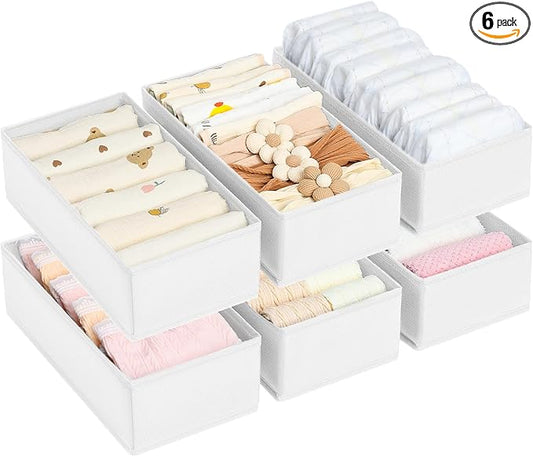 DIMJ Drawer Organizer Clothes - Underwear Organizer Small Sock Organizer Box Dresser Organizer,Drawer Dividers for Baby Clothes,Bra,Socks, Belt, Tie, Set of 6,White