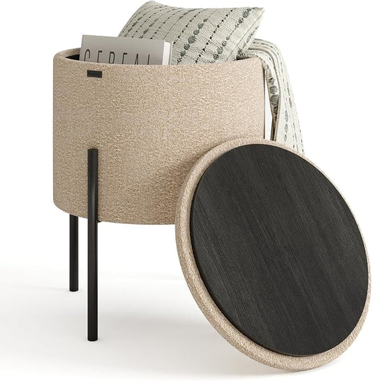 STORAGEBUD Round Ottoman with Storage, Boucle Storage Ottoman, Foot Stool Ottoman, Makeup Vanity Stool, Small Ottoman Foot Rest, Modern Ottomans for Living Room and Bedroom, Beige