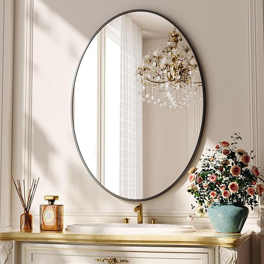 Black Oval Bathroom Mirror, 26 x 38 inch Modern Oval Wall Mounted Vanity Mirror with Tempered Glass Hanging Horizontally or Vertically, Black