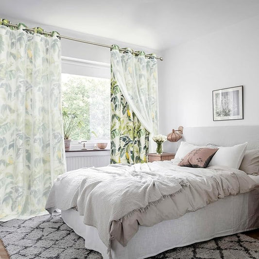 Leeva 96 Inch Curtains with White Sheer Tulle Overlay, Green Bird Printing Light Filtering Curtains 2 Panels Set, Grommet Drapes for Nursery Living Room, 52 x 96 Inches