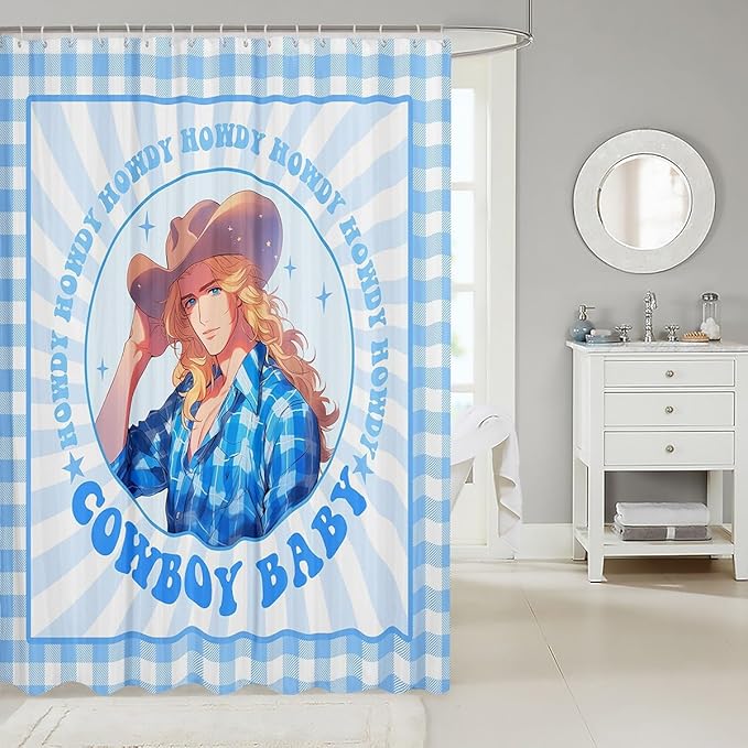 Manfei Western Cowboy Kids Shower Curtains,Cowboy Hat Rustic Farmhouse Bathroom Curtains for Boys Men,Geometric Grids Patchwork Stylish Blue Cartoon Waterproof Curtains,12 Hooks Suits,72" W x 84" L