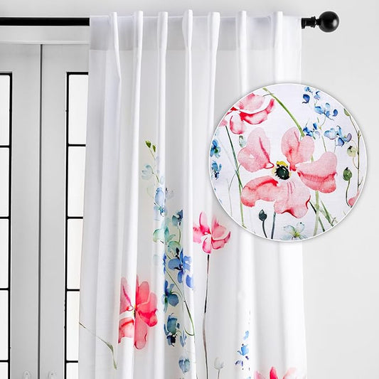 Maison d' Hermine Curtains for Living Room 100% Cotton 96 inch Length One Panel Light Filtering Curtains for Bedroom Windows with Rod and Loop Pockets Drapes (Delphinium White, 50" W x 96" L)