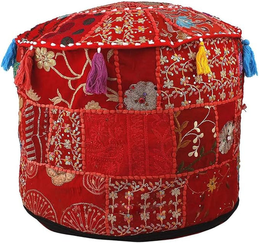 Aakriti Gallery Indian Pouf Footstool Ethnic Embroidered Pouf Cover - Round Ottoman Pouffe - Red, 18x13