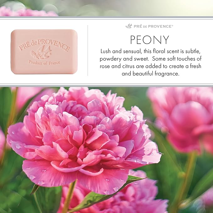 Pre de Provence Artisanal Soap Bar, Natural French Skincare, Enriched with Organic Shea Butter, Quad Milled for Rich, Smooth & Moisturizing Lather, Peony, 5.3 Ounce
