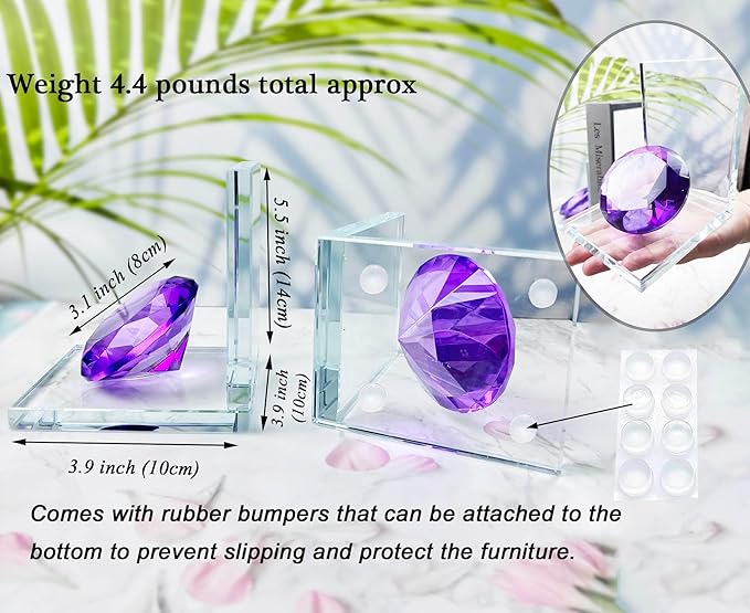 Crystal Bookends Decorative Glass Book Holders Heavy Duty Book Ends with Diamond for Shelf Decor Unique Book Stopper Purple