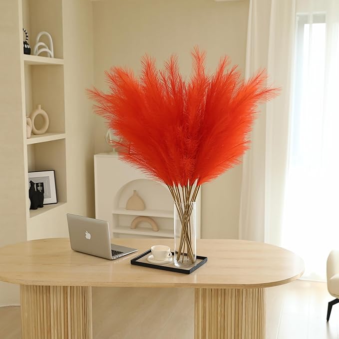 Orange Pampas Grass Decor- 45-Inch Set of 8 | Tall Faux Pampas Grass Soft and Fluffy | Large Artificial Pompas Floral | Perfect for Living Room, Office and Wedding Party Centerpieces