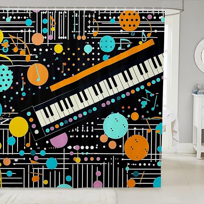 Feelyou Piano Fabric Shower Curtain Musical Shower Curtain for Boys Girls Geometric Bathroom Waterproof Accessories with 12 Hooks Colorful Wave Dot Curtains,72x72 Inches