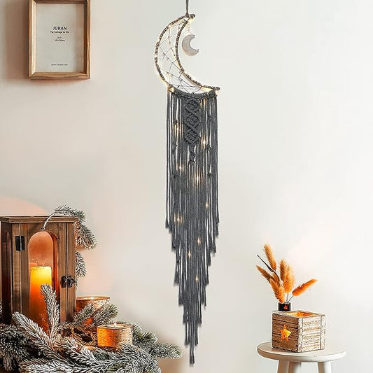 Dremisland Macrame Woven Wall Hanging Moon Dream Catcher- Boho Chic Bohemian Home Decor Wall Art Decor Beautiful Apartment Dorm Room Door Decoration (Moon-Grey)