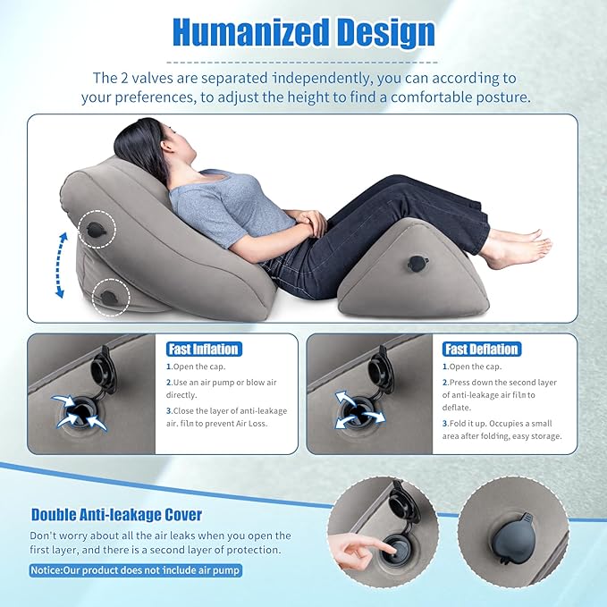 SAHEYER Inflatable Bed Wedge Pillow Set, 2 PCS Post Surgery Support Pillow for Back, Knees, Leg Pain Relief, Adjustable Sitting Pillows for Acid Reflux, Anti Snoring, Heartburn, GERD Sleeping (Grey)