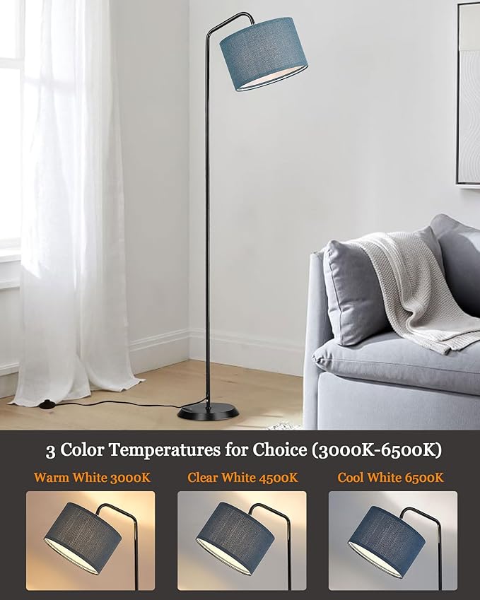 ELYONA LED Floor Lamp with 3 Color Temperatures, Modern Reading Standing lamp with Blue Linen Adjustable Hanging lampshade, Tall Pole Metal Lamp with 9W Bulb for Bedroom, Living Room, Office