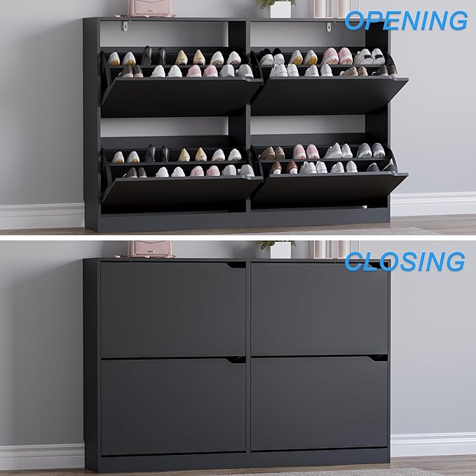 Shoe Cabinet with 4 Flip Drawers, Narrow Hidden Shoe Storage Cabinet, Slim Freestanding Shoe Rack Organizer for Entryway, Hallway, Bedroom, Living Room