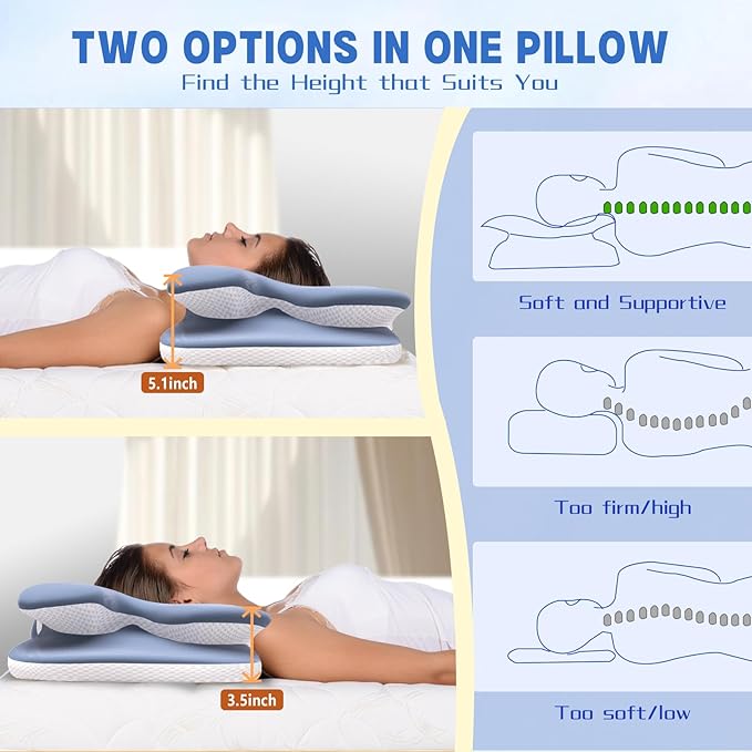 Cervical Neck Pillow for Pain Relief, Contour Memory Foam Pillows for Side Sleepers, Ergonomic Pillow, Orthopedic Pillow for Neck Pain, Back & Stomach Sleepers with Cooling Pillow for Better Sleep