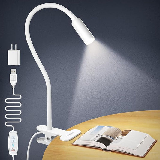 Glocusent Clip on Light: 10 Brightness Levels from 20 to 180LM LED Reading Light with Clamp and Flexible Gooseneck - Eye Caring Book Lights for Reading at Night, Clip on Desk Bed Headboard