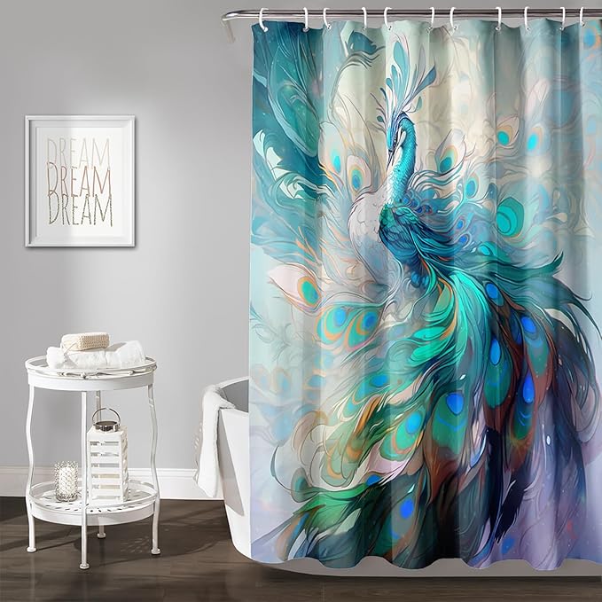 AILONEN Peacock Shower Curtain, Green Bird Shower Curtain for Bathroom Decor,Beautiful Bird Peacock Bath Curtain for Girls Women Fresh Nature Waterproof Curtains Sets 72" W*96" H