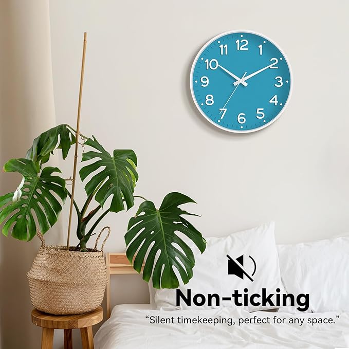 Wall Clock, 10 Inch Silent Wall Clocks Battery Operated-Modern Non Ticking Analog Clock Decorative for Kitchen Bedroom Office Bathroom(Blue)