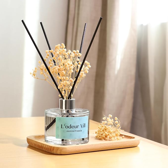 L'odeur Vill Reed Diffuser Set, 6.7 oz(200ml) Peony Freesia Scented Diffuser with 6 Oil Diffuser Sticks, Home Fragrance Essential Oil Reed Diffuser for Home Large Rooms Bathroom Shelf Decor