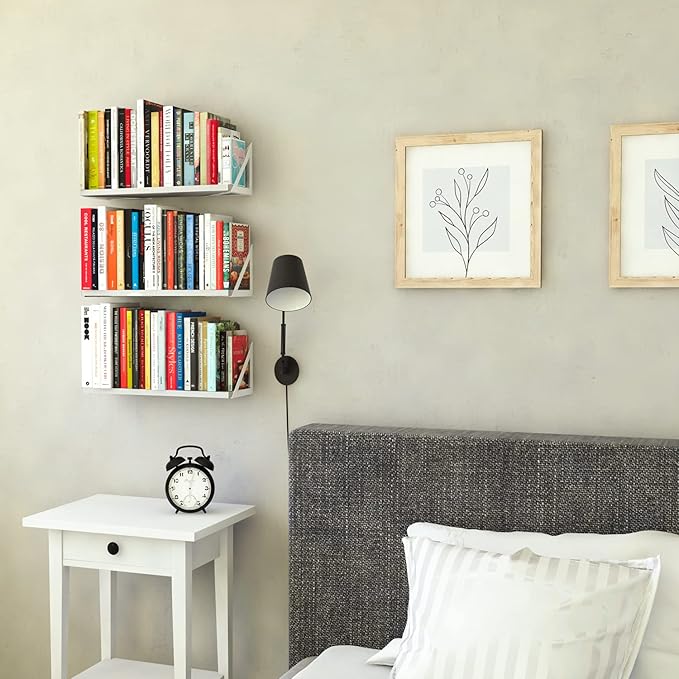Wallniture Minori Washed White Floating Shelves for Wall Storage, Bathroom Shelves Over The Toilet Storage, Wood Wall Shelf Set of 3 with White Brackets