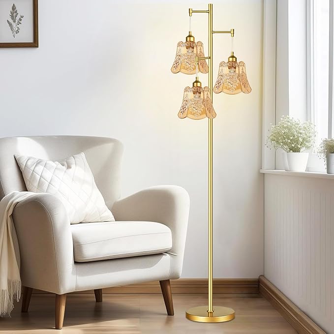 Gold Floor Lamp for Living Room,Bedroom,Mid Century Modern Standing Lamp Brass Tree 3 Light Tall Floor Lamps Vintage Retro Floor Lights Glass Green Flower Lamp Shade Farmhouse Boho Bohemian