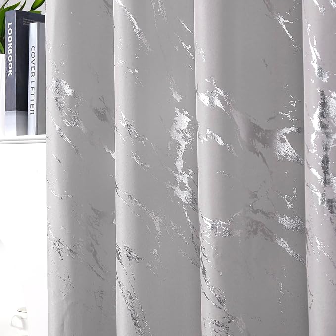 Taisier Home Silver Foil Print Linen Textured Curtains Geometric Marble Pattern Design Curtains for Living Room Light Filtering Window Treatment 2 Panels 84" L,Beige and Silver Print