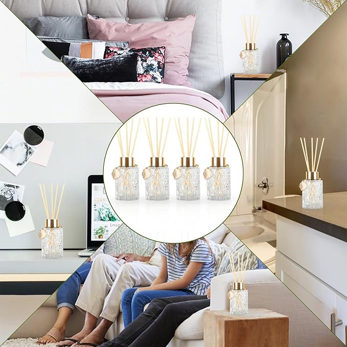 4Pcs Reed Diffuser Set with Metal Golden Decoration, 4.2oz Empty Reed Diffuser Bottles with 20Pcs Reed Diffuser Sticks, Unique Design Bottles for Home and Office(Cylinder)