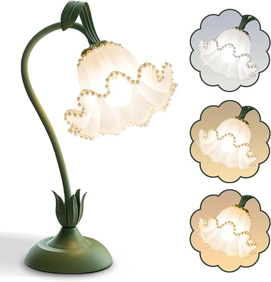 Flower Table Lamp,LED Reading Light Bedside Vintage Flower Night Light,3 Colors Modes Kawaii Bedside Lamps Decor,Living Room Bedroom Room Lighting Table Lamps Home Decoration (Pearls)