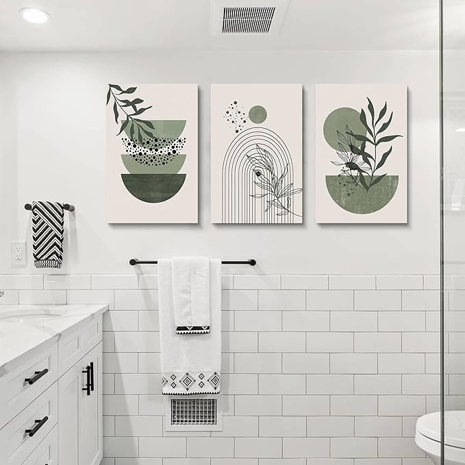 Sage Green Wall Posters & Prints, Green Boho Wall Art Set of 3, Minimalist Framed Wall Art Geometric Line Leaf Sun Moon Beige Green Canvas Artwork Paintings