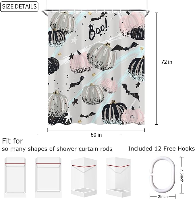 Abstract Halloween Pumpkin Shower Curtain 60"X72" Pink Grey Shower Curtain Set for Bathroom Spooky Bat Cute Cartoon Waterproof Bathtub Curtain Decor Kids Girls Fall Bathroom Curtain with Hooks