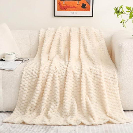 Puncuntex Cream White Throw Blanket 60"×80" inches Fuzzy 3D Jacquard Decorative Flannel Fleece Super Soft Plush Cozy Blanket for Couch Sofa Chair Lightweight