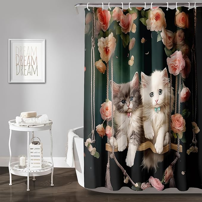 AILONEN Cartoon Beautiful Cat Shower Curtain, Kawaii Kittens with Flower Shower Curtain for Bathroom Decor,Cat Lovers Animal Waterproof Shower Curtains Sets with Hooks,72" W*96" H