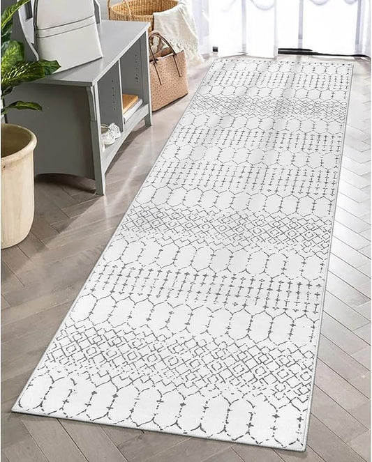 Lahome Moroccan Small Runner Rug - 2x5 Rug Runner Non-Slip Washable Laundry Room Rugs Throw Lightweight Hallway Carpet Indoor, Geometric Print Mat for Bedroom Kitchen (White, 2'x5')