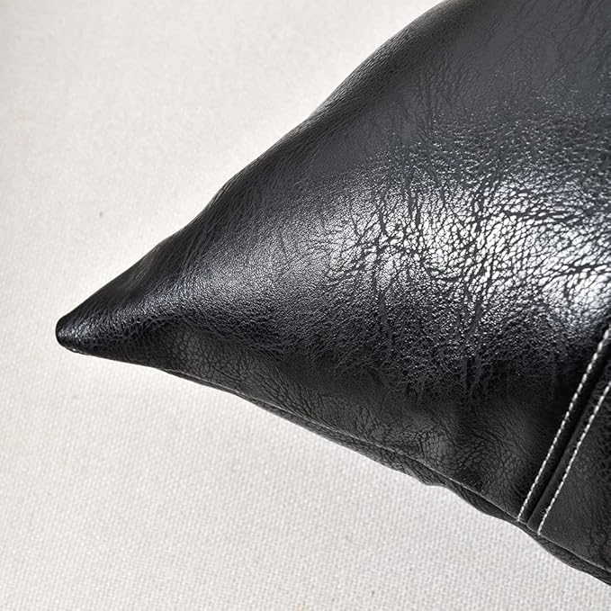 Fancy Homi 2 Packs Black Lumbar Faux Leather Decorative Throw Pillow Covers 12x20 Inch for Living Room Couch Bed Sofa, Boho Farmhouse Home Decor, Hand Stitched Rectangle Cushion Case 30x50 cm