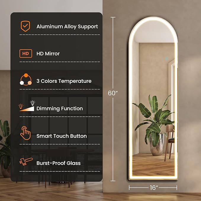 Sweetcrispy Full Length Mirror with LED Lights, 60"x16" Lighted Floor Mirror with Dimming & 3 Color Lighting, Stand for Bedroom, Dressing Room, Arched