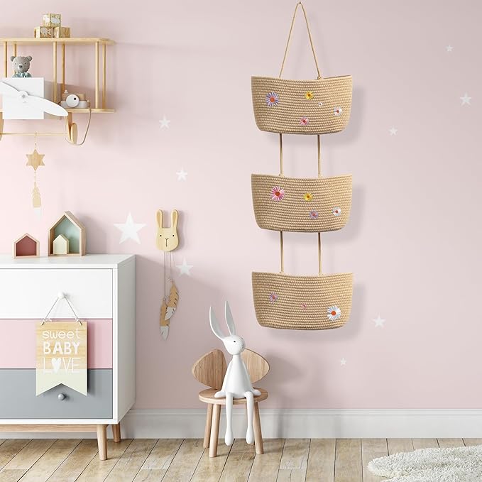 TeoKJ Over the Door Hanging Basket, 3-Tier Woven Cotton Wall-Mounted Storage Organizer with Self Adhesive Flowers Stick Decorative Hanging Nursery Baskets - Jute